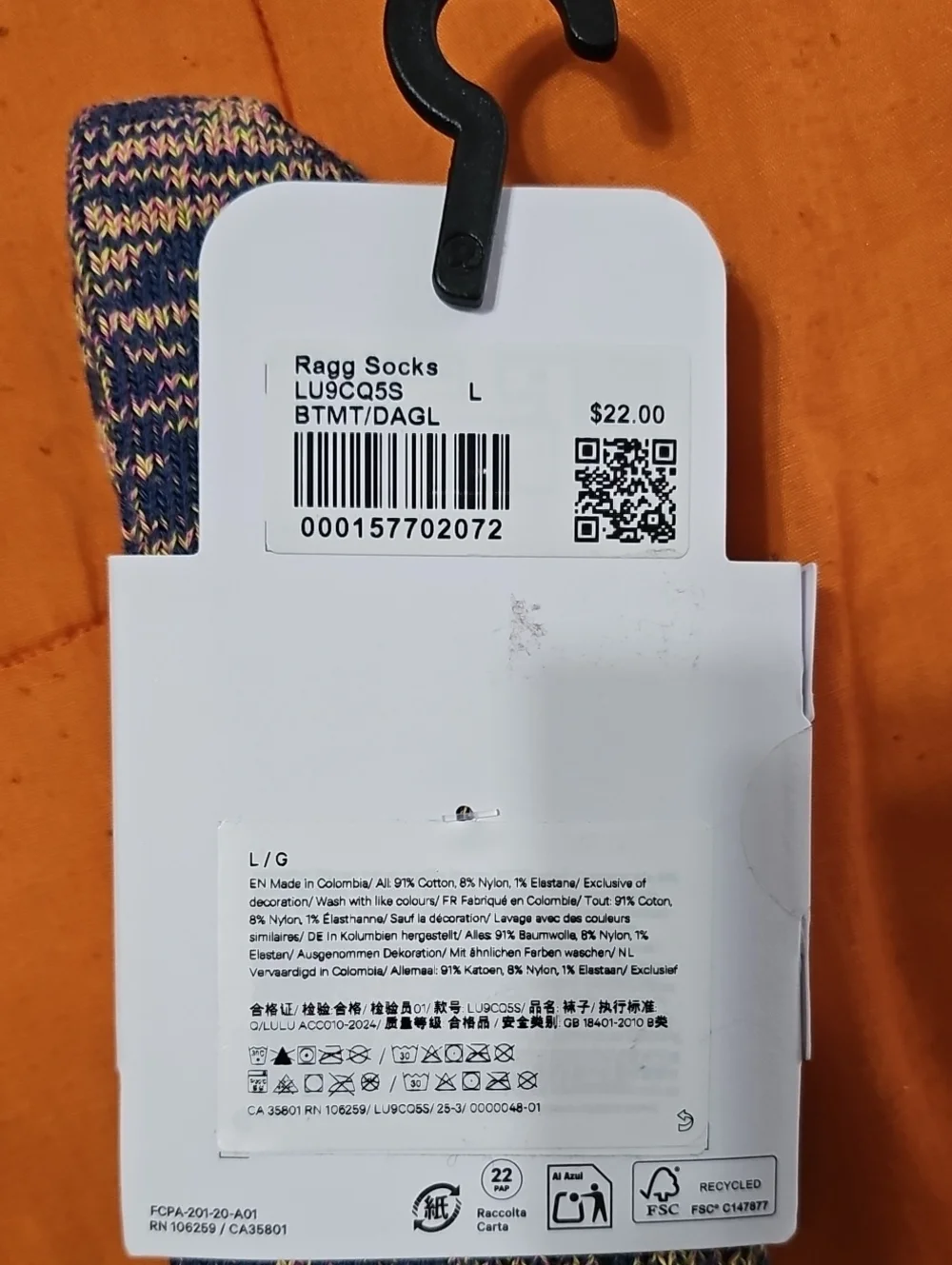 Lululemon Ragg Socks!! Nwts, Crew Length! 1 Pair, Sz Large!! BTMT/DAGL